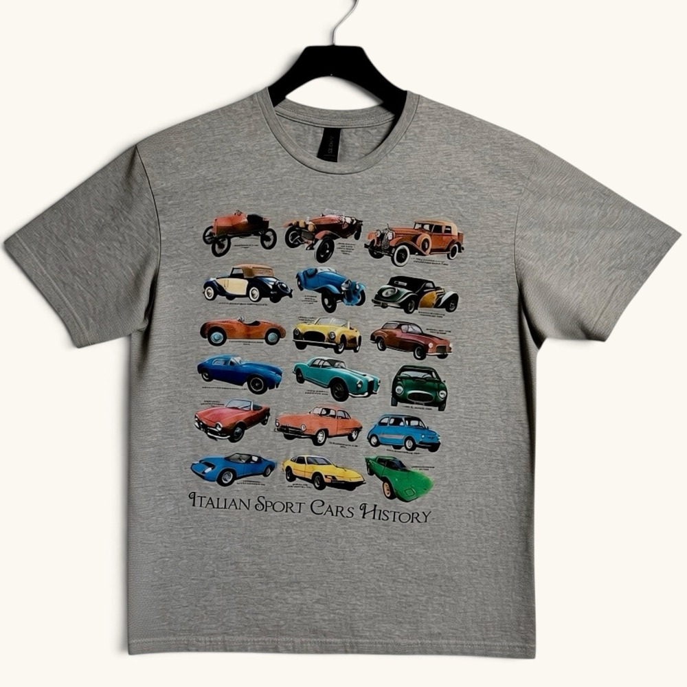 Gildan Italian Sports Cars Graphic Tee Mens L Gray Classic Car Automotive TShirt